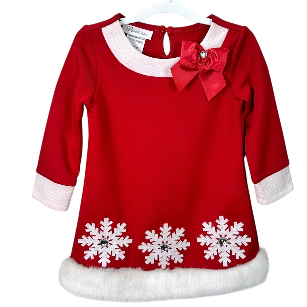 Bonnie Jean Girls Red Snowflake Faux Fur Trimmed Holiday Dress‎ Size 3T - Picture 3 of 10